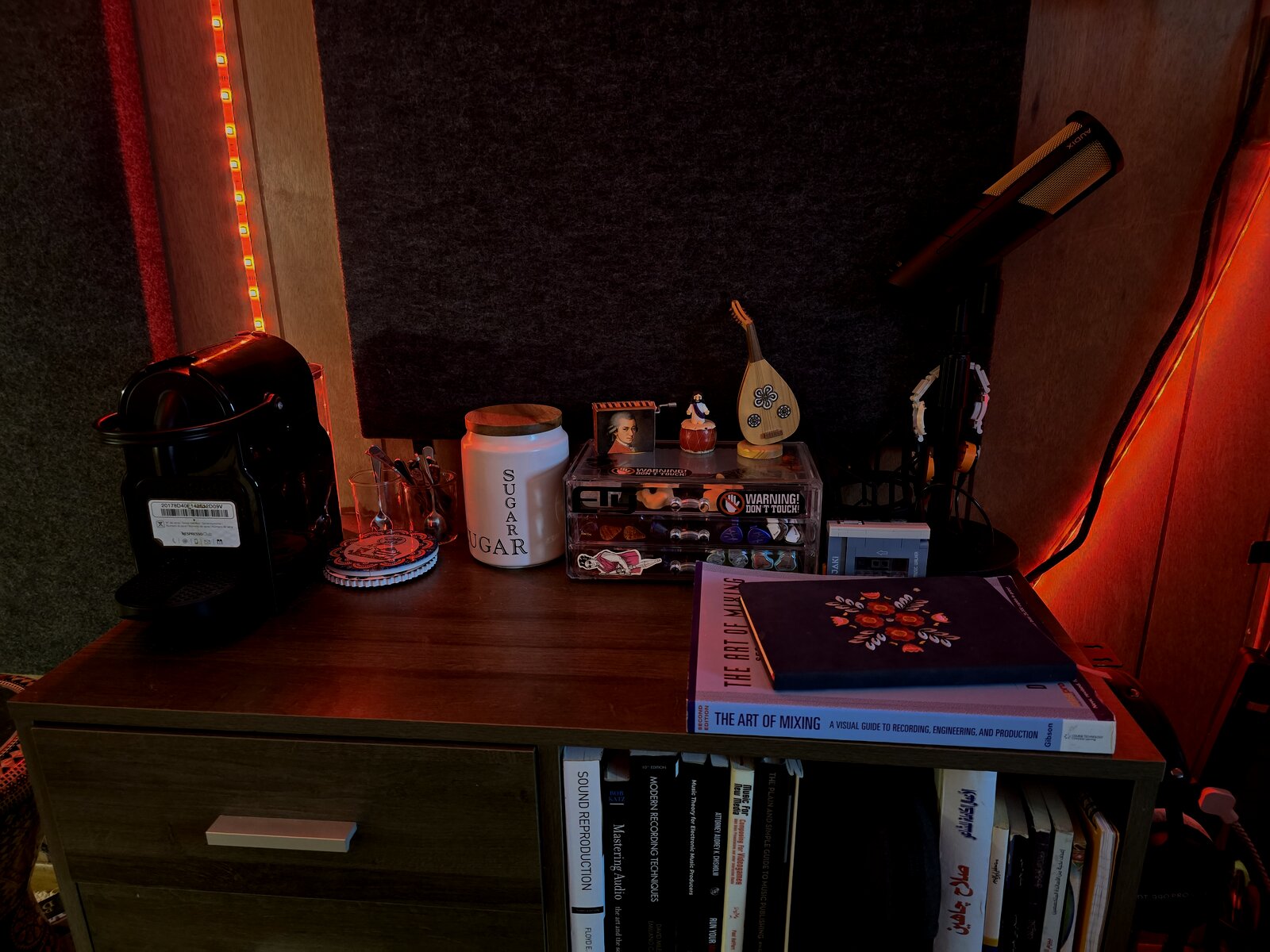 Audio engineering books and studio shelf